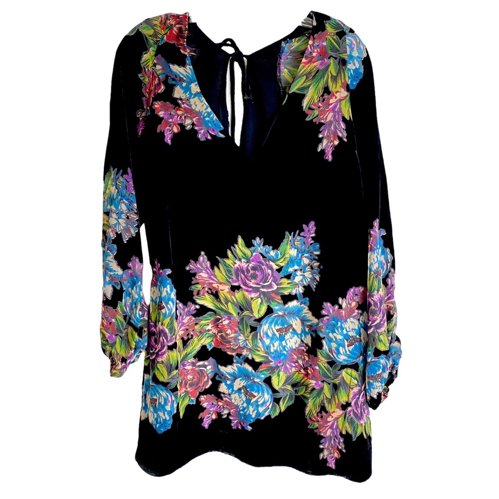 Urban Outfitters Black Velvet Tunic Top with Blue Purple Green Floral Appplique